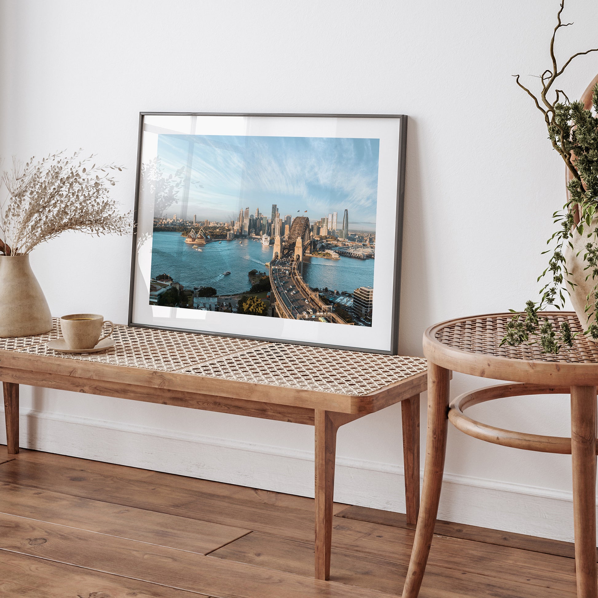 Sydney Harbour morning light seascape in black frame - coastal photography wall art