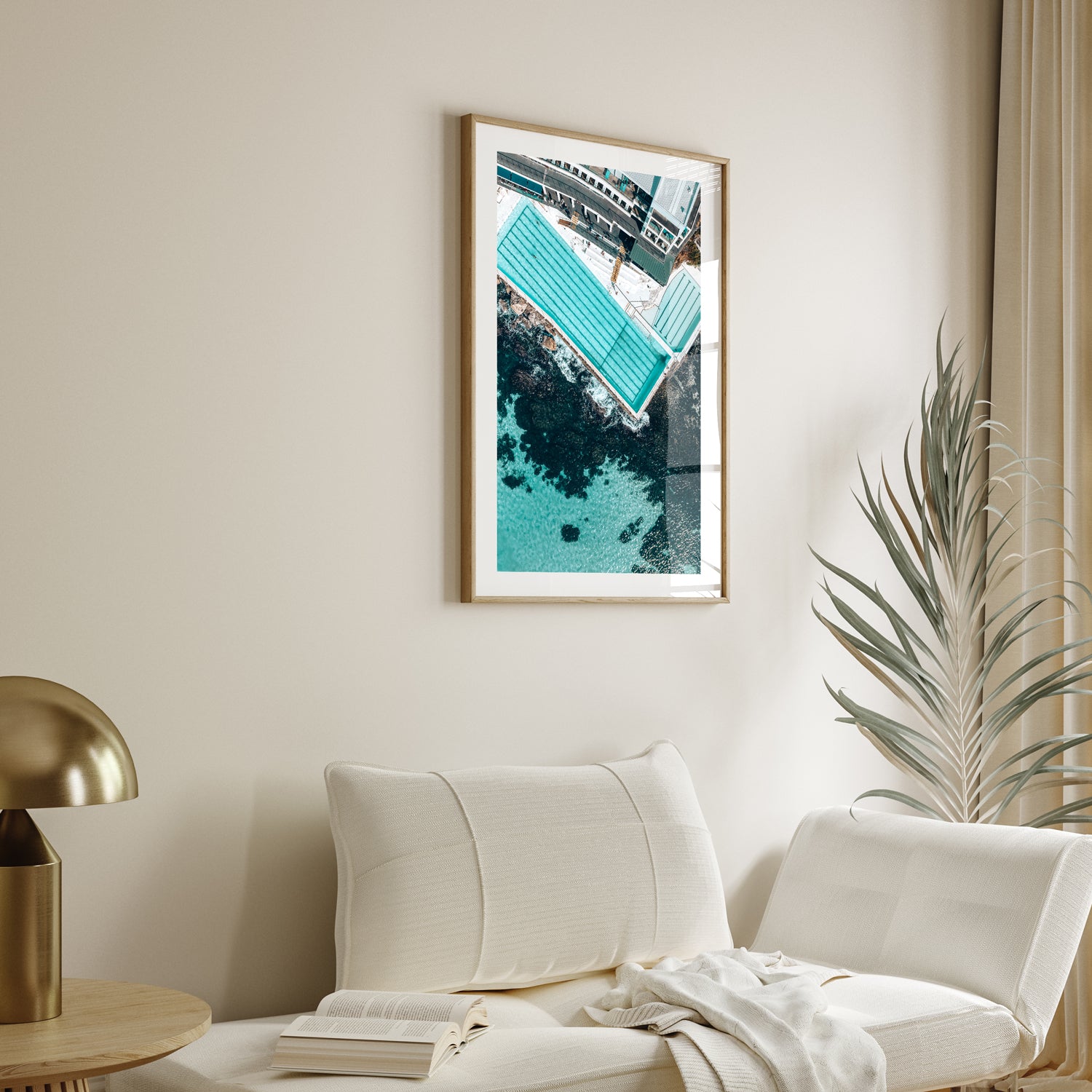 Bondi coastal seascape in oak frame - "June Clarity" ocean wall art for modern homes