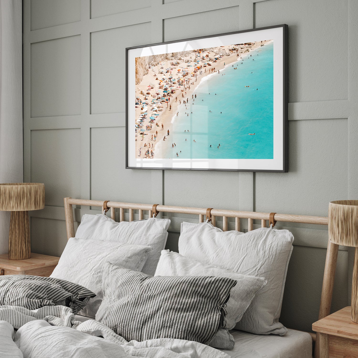 Lefkada sun setting over Mediterranean seascape - framed coastal wall art in black frame