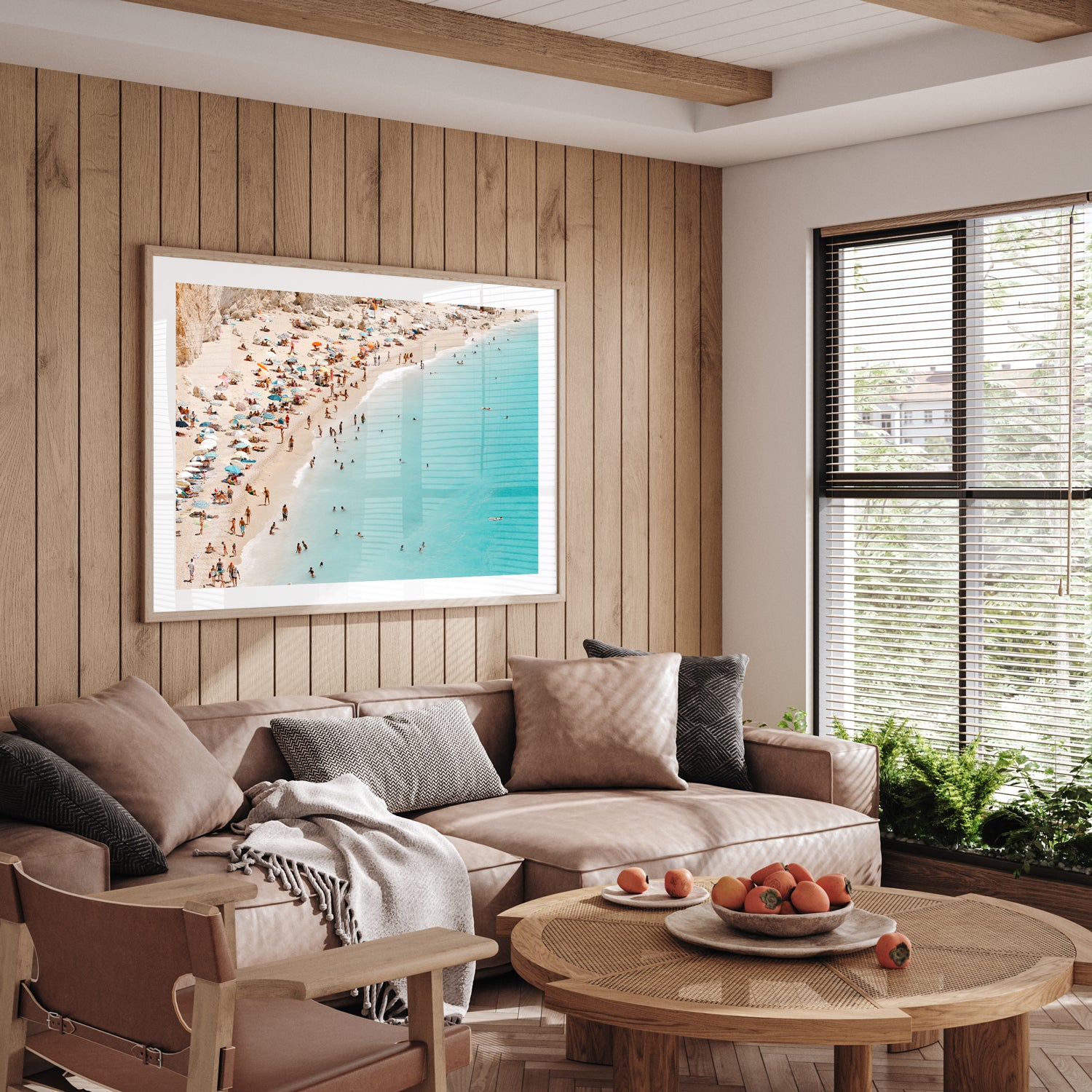 Lefkada sunset seascape in oak frame - Mediterranean coastal photography wall art