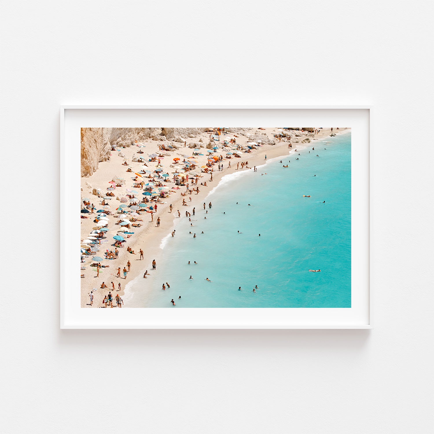 Lefkada island sun over coastal waters in white frame - Mediterranean seascape wall art