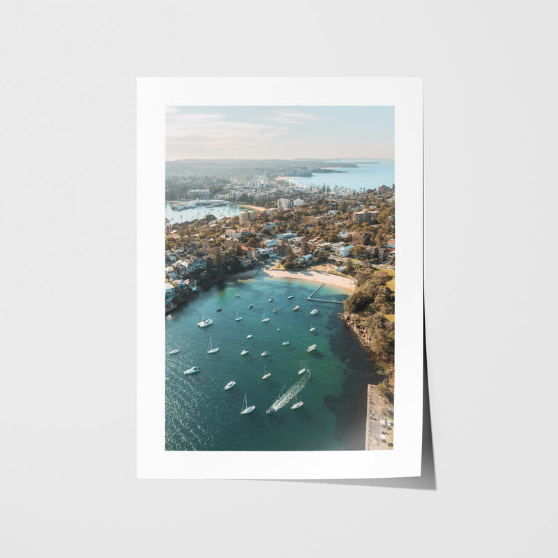 Little Manly Beach aerial coastal view in white frame - Sydney beach photography wall art