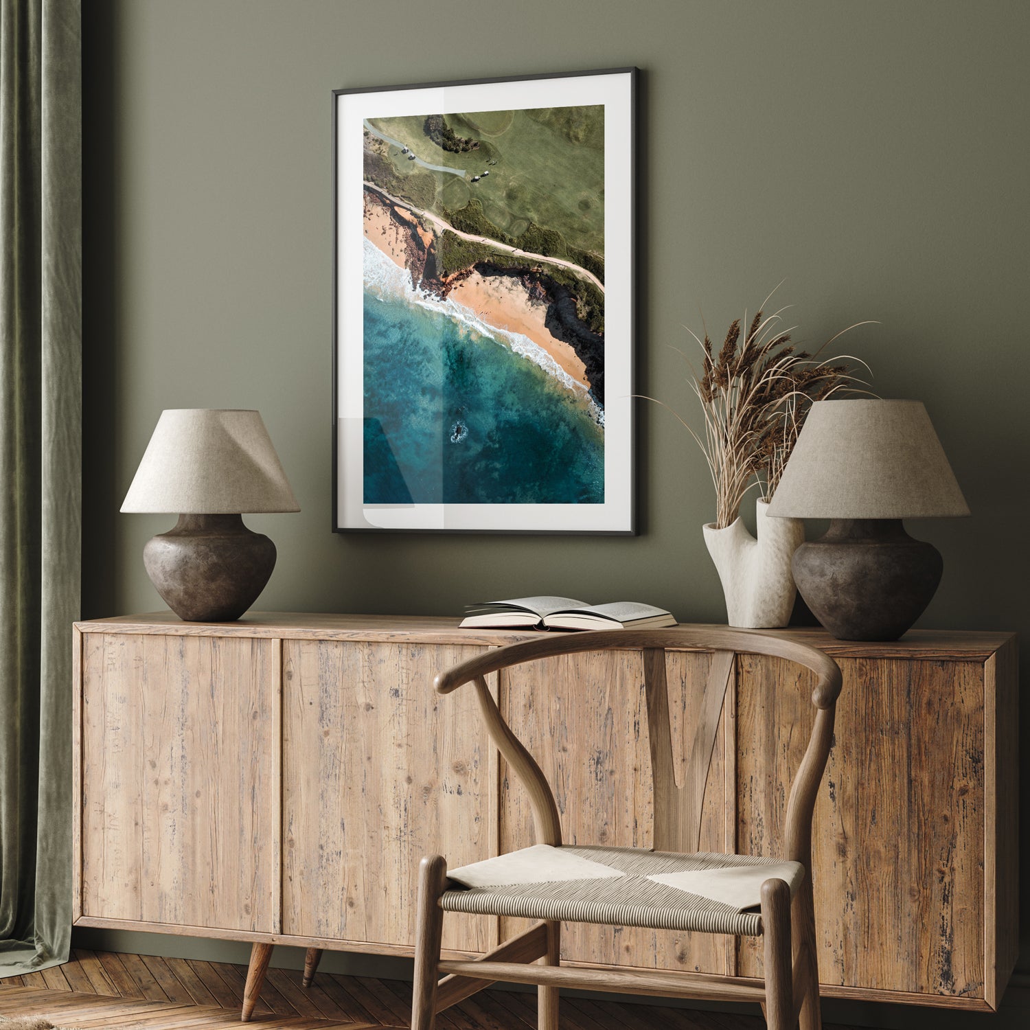 Long Reef coastal cliffs landscape in black frame - Sydney seascape wall art for modern
