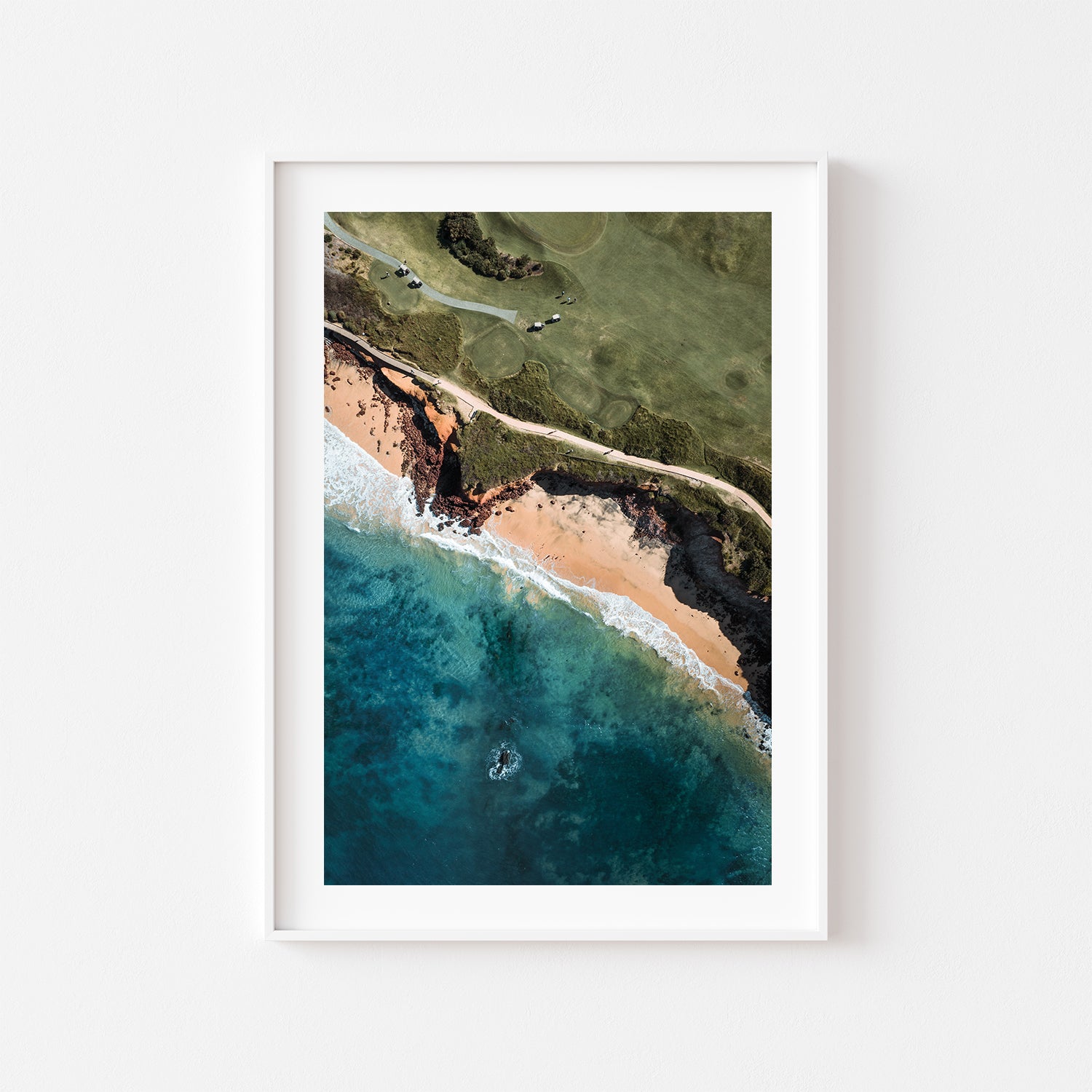 Long Reef sandstone cliffs in white frame - dramatic coastal landscape wall art