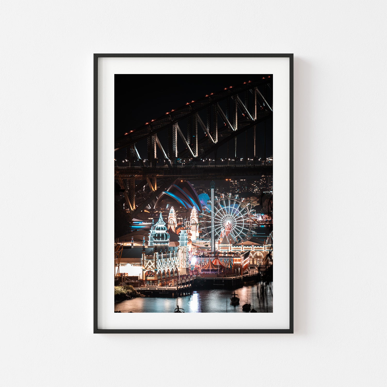 Luna Park Sydney illuminated at night in black frame - iconic landmark photography wall