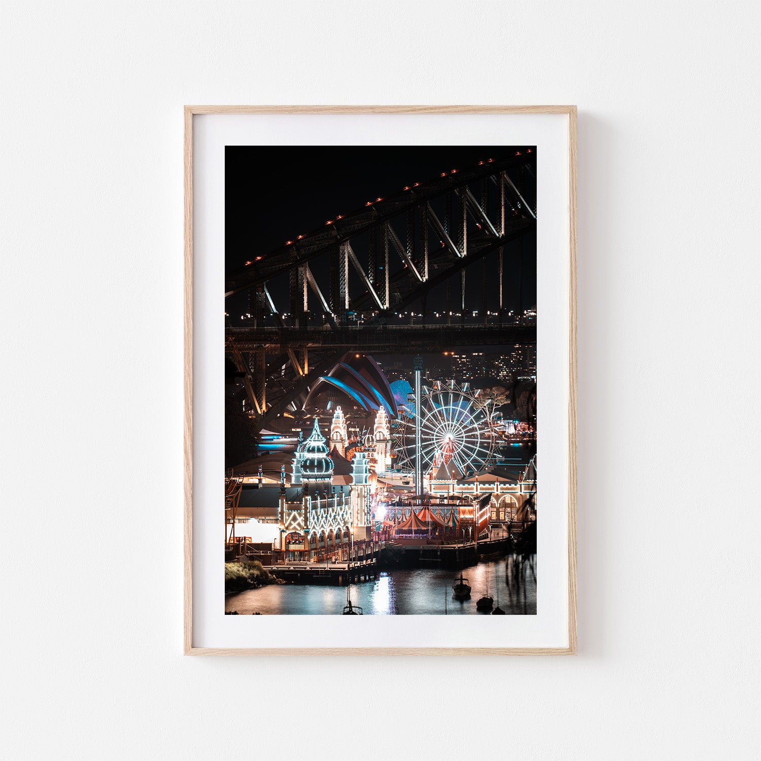 Luna Park glowing neon lights at night in oak frame - Sydney landmark photography wall art
