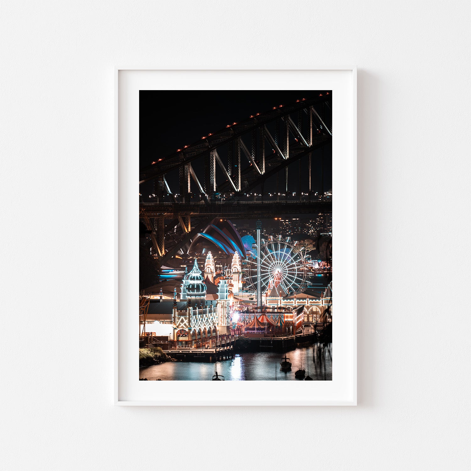 Luna Park glowing at night in white frame - iconic Sydney landmark wall art for modern