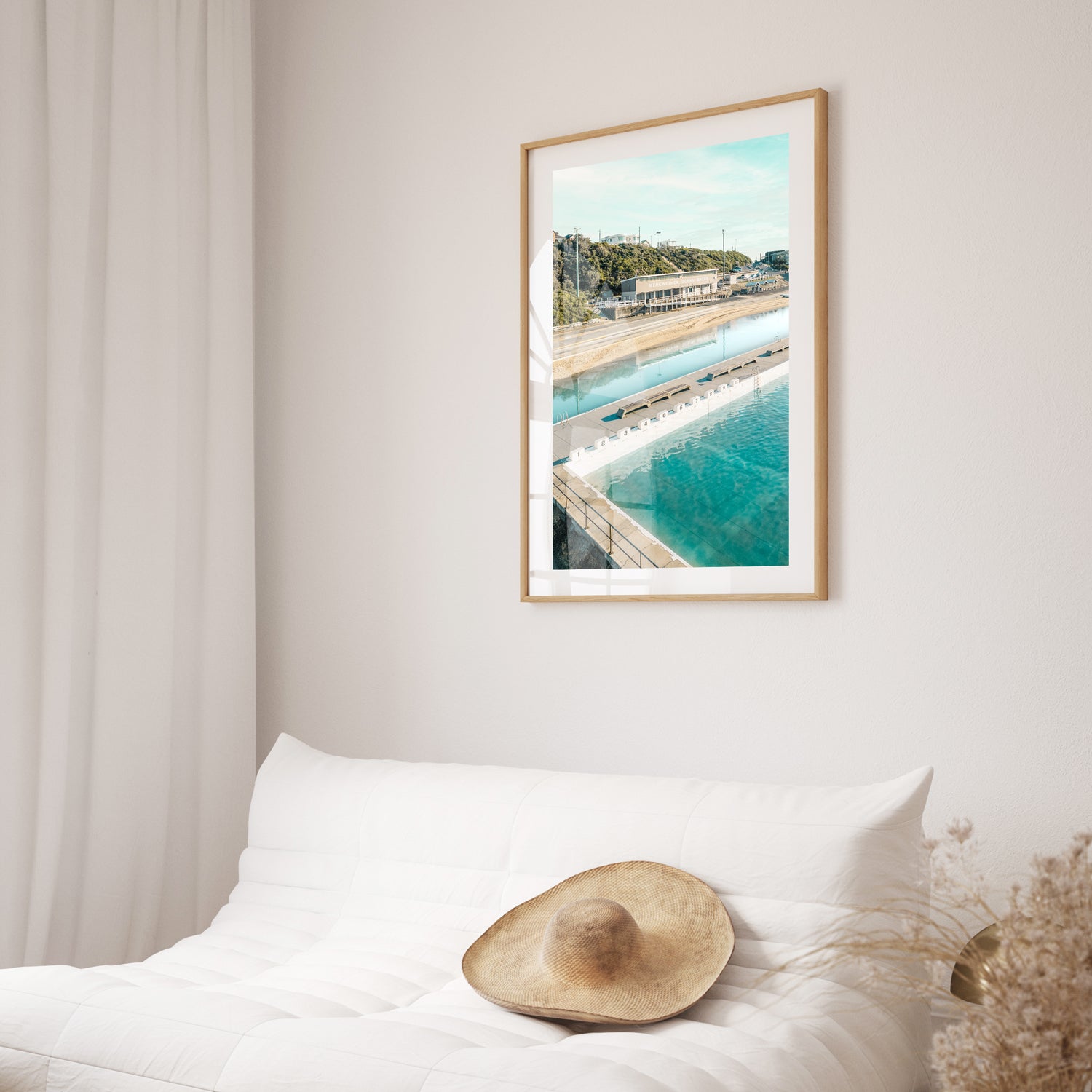 Merewether Ocean Baths aerial seascape in oak frame - coastal swimming pool wall art