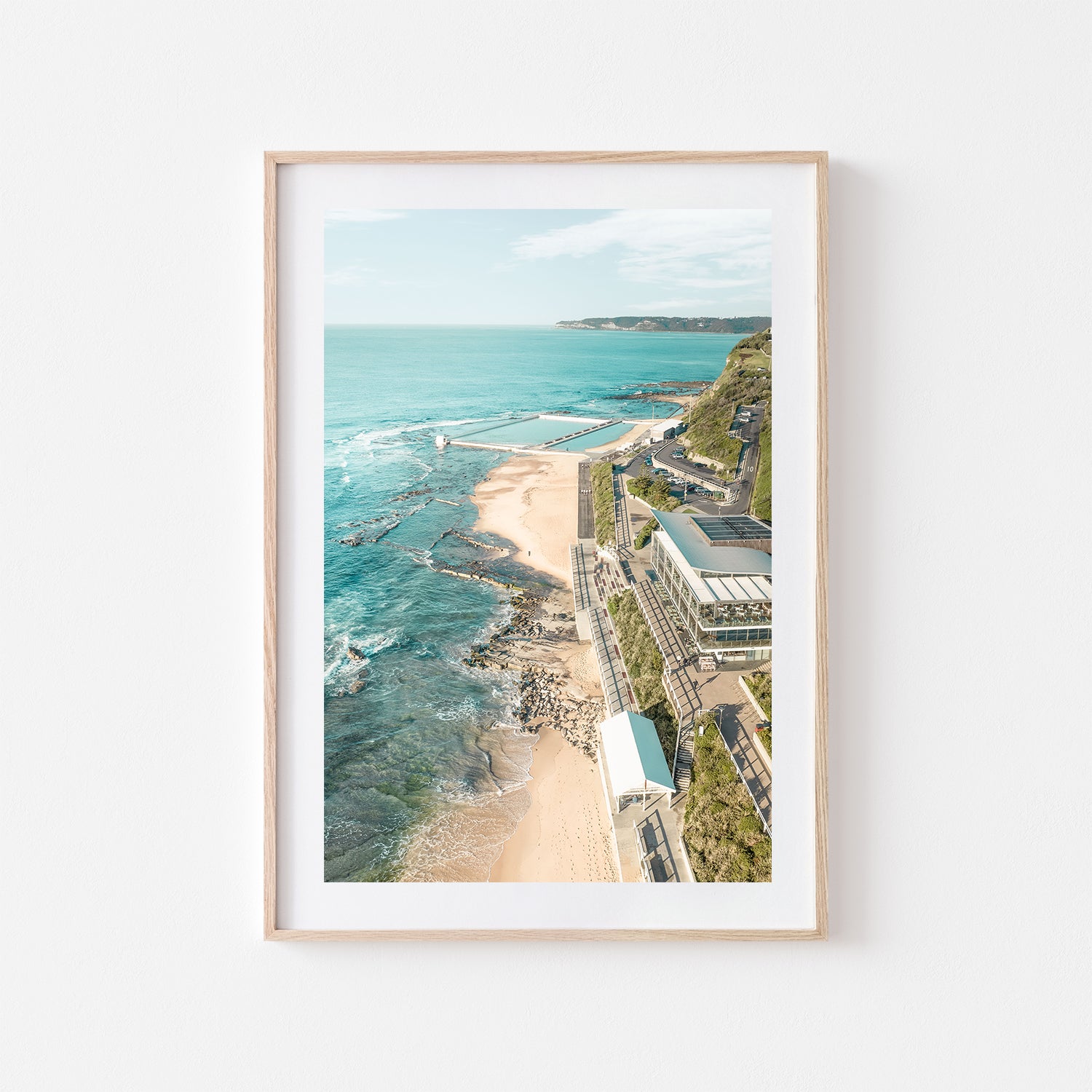 Merewether coastal landscape in oak frame - Newcastle beach photography wall art
