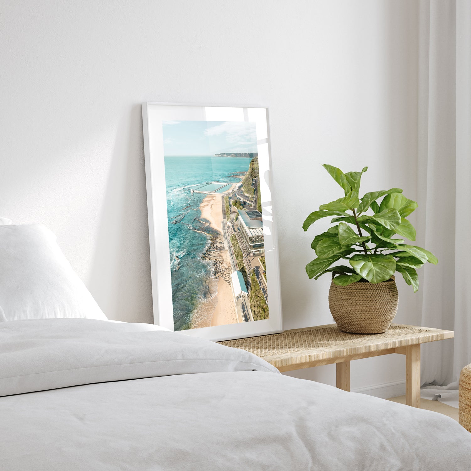 Merewether coastal views in white frame - Newcastle beach landscape wall art