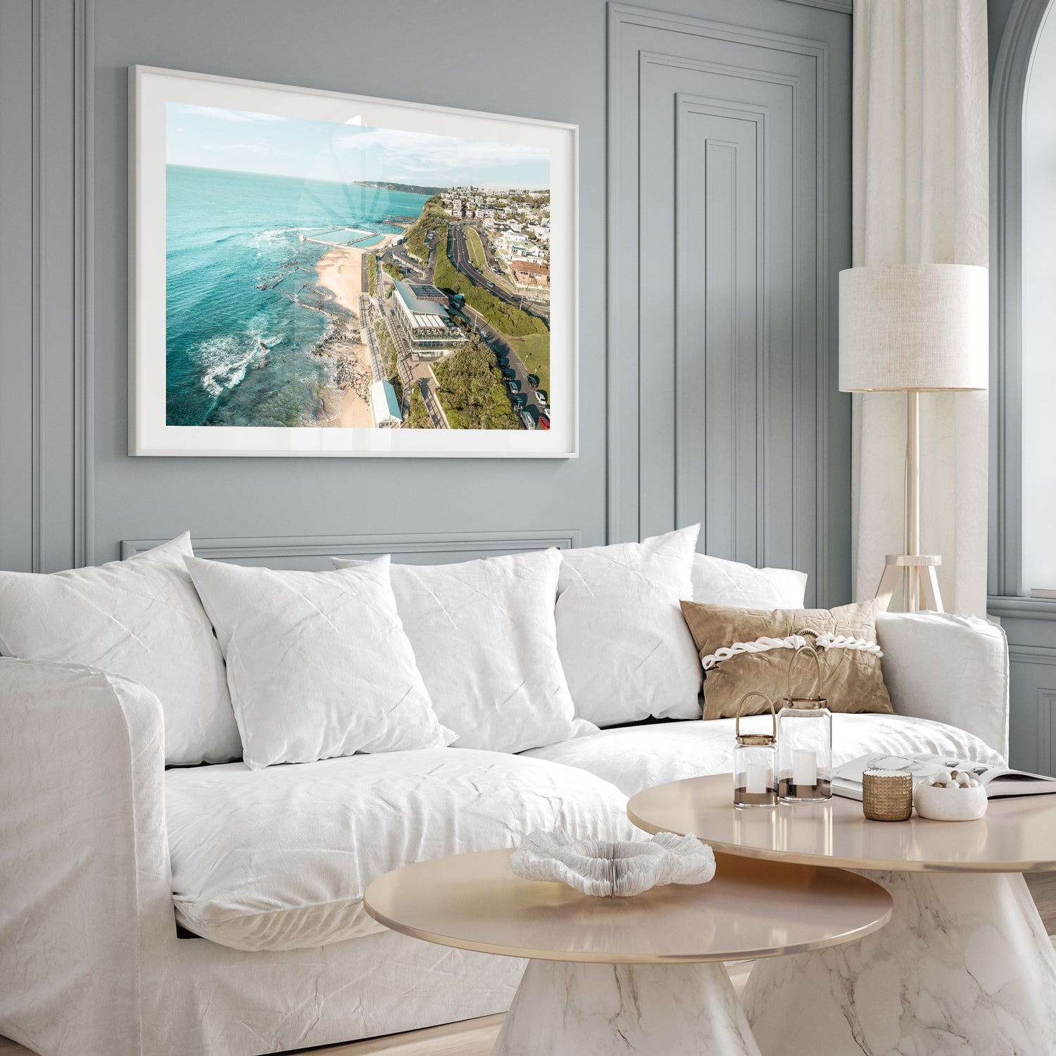Merewether coastal landscape in white frame - Newcastle beach photography wall art