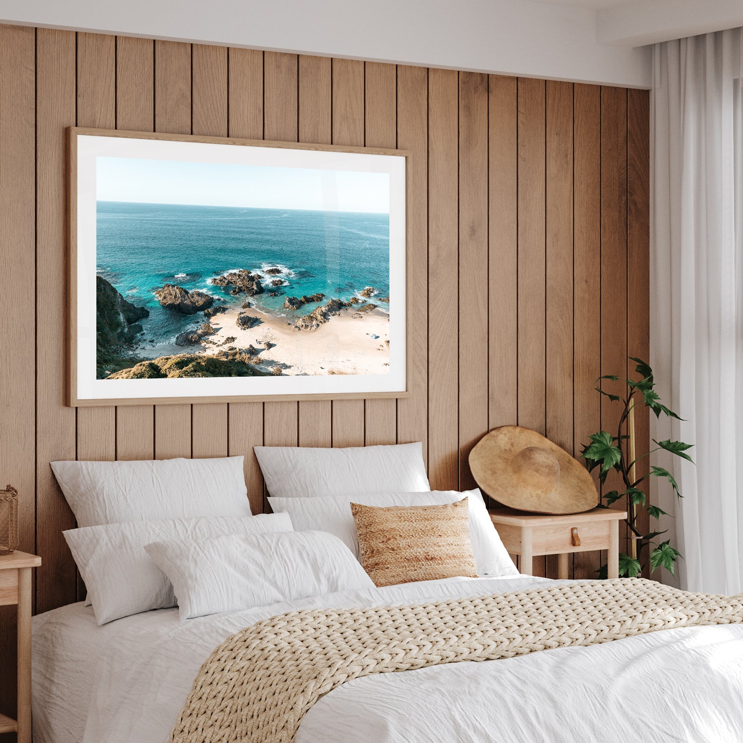 Mermaid Pass ocean rocks seascape in oak frame - coastal landscape wall art for modern