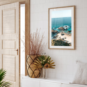 Mermaid Pass coastal rock formations in oak frame - seascape wall art for coastal homes