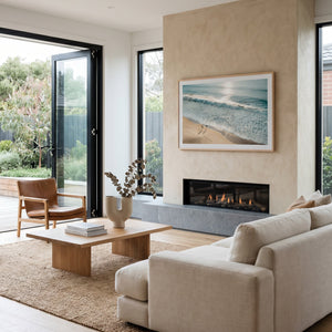 Melbourne Suburb Home Interior with Coastal Wall Art over a firepit
