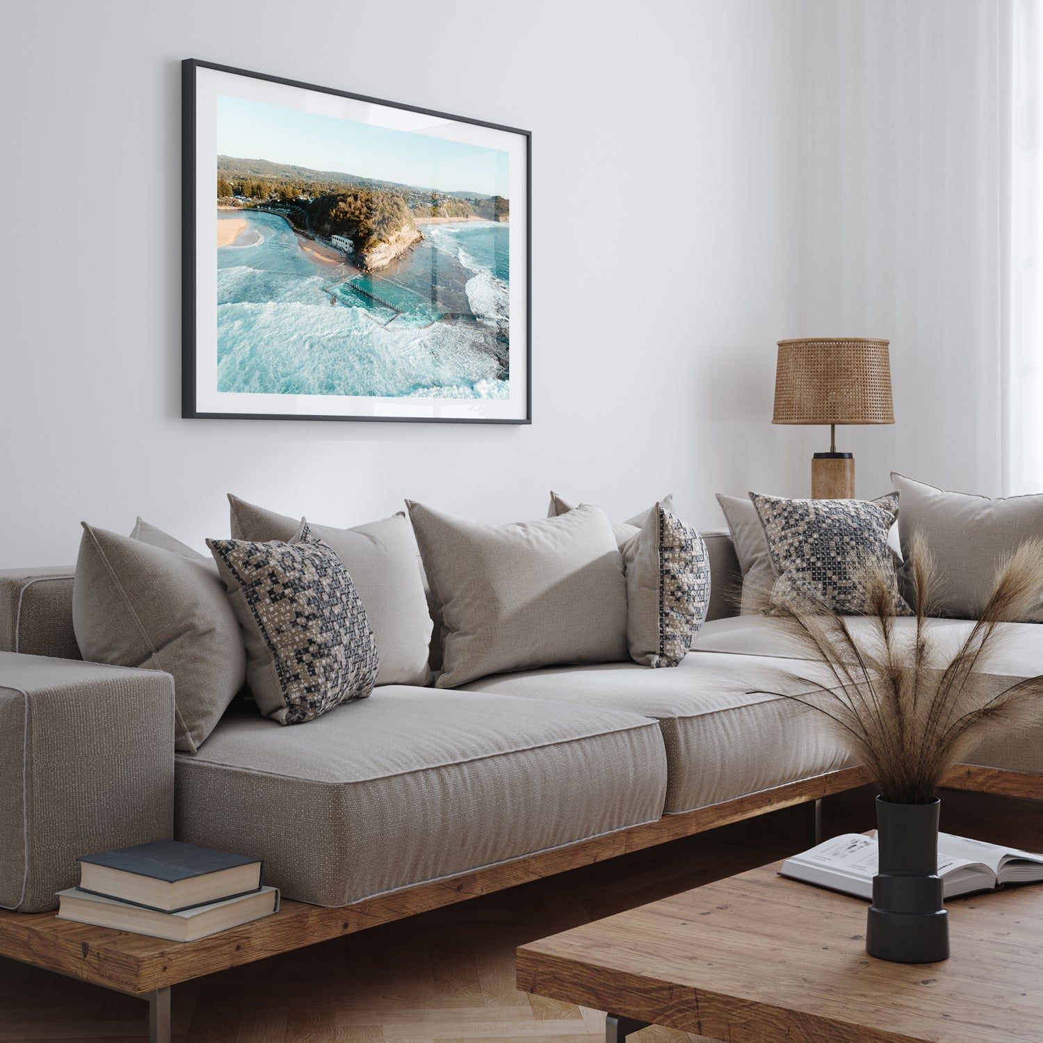 Narrabeen beach waves aerial view in black frame - coastal seascape wall art