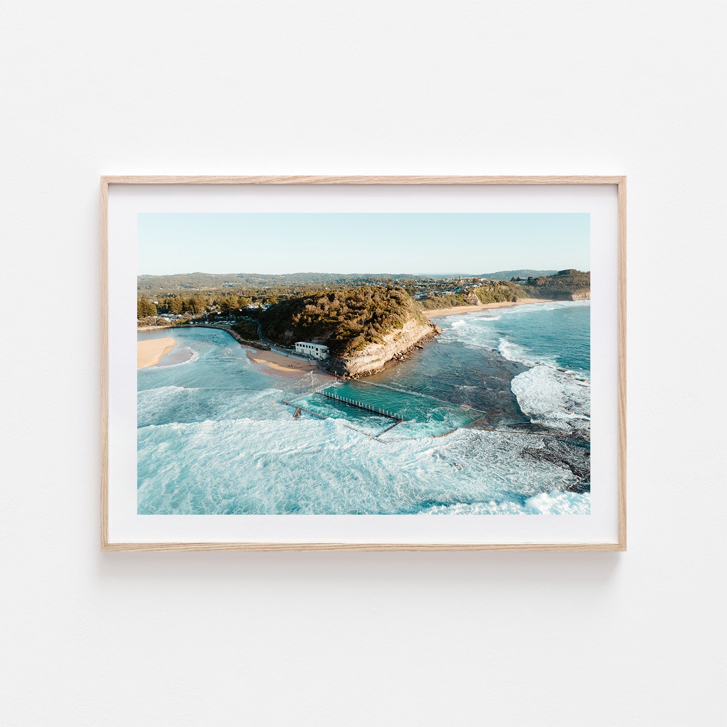 Narrabeen ocean waves seascape in oak frame - coastal photography wall art for modern