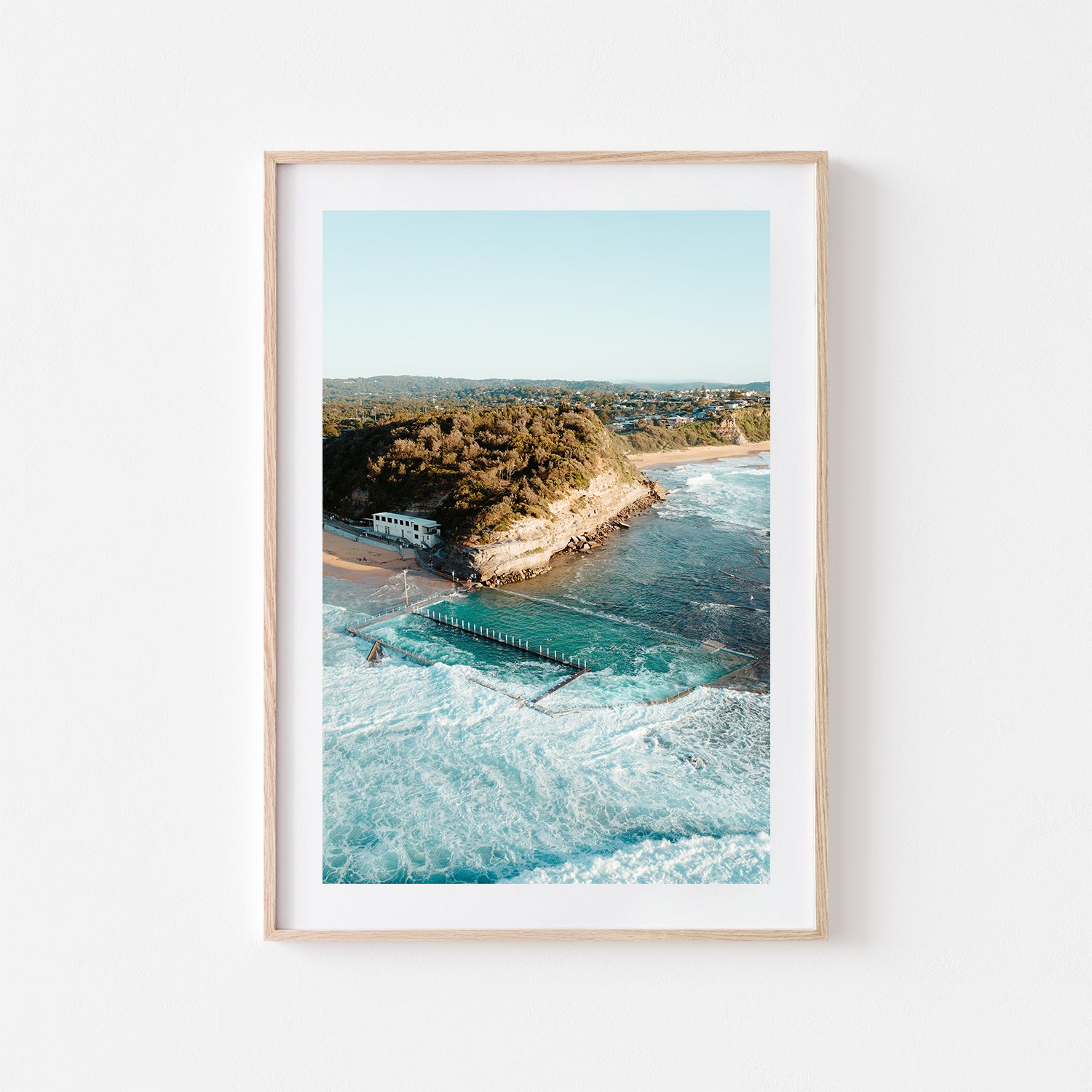 Narrabeen beach waves aerial view in oak frame - coastal seascape photography wall art