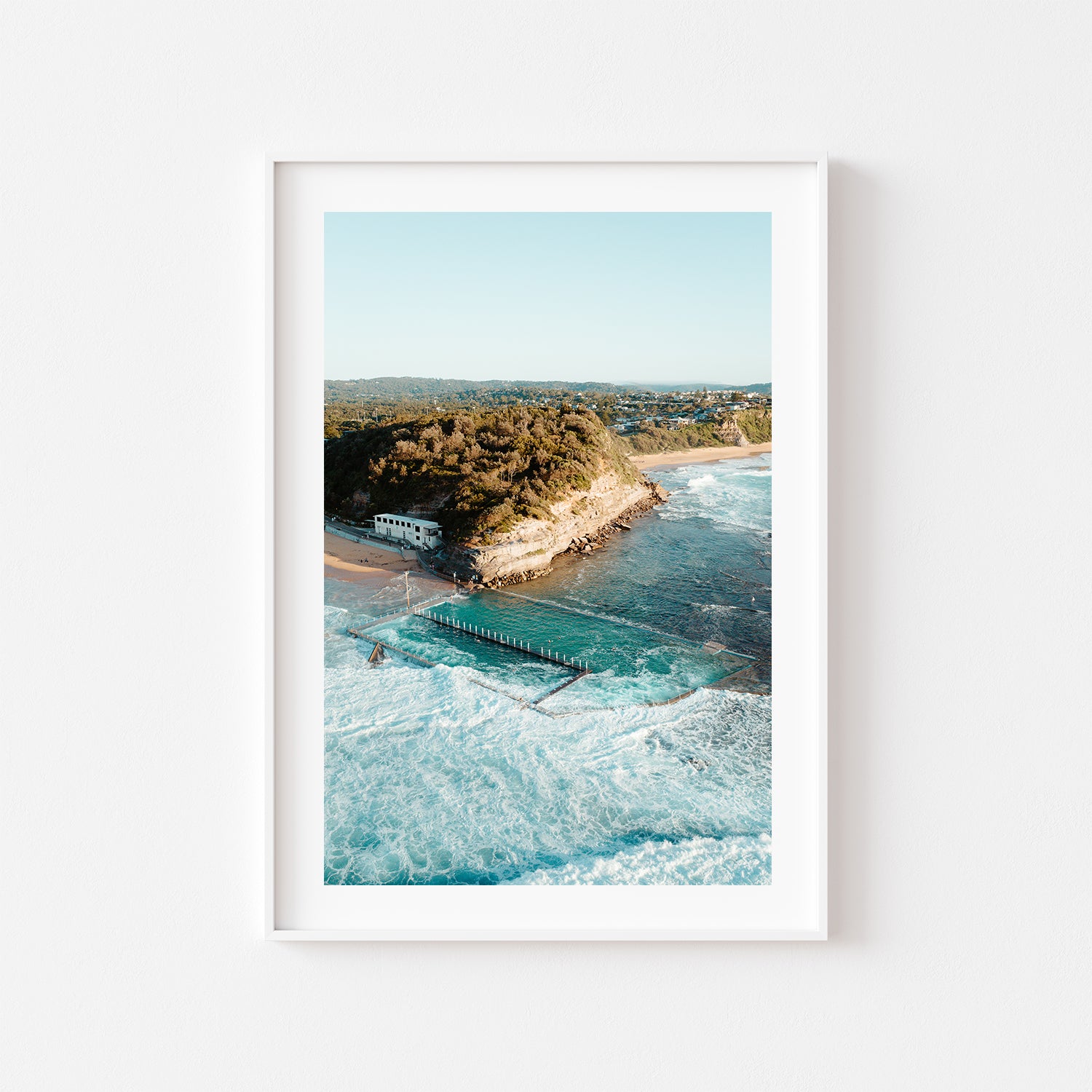 Narrabeen ocean waves and swell in white frame - coastal seascape photography wall art