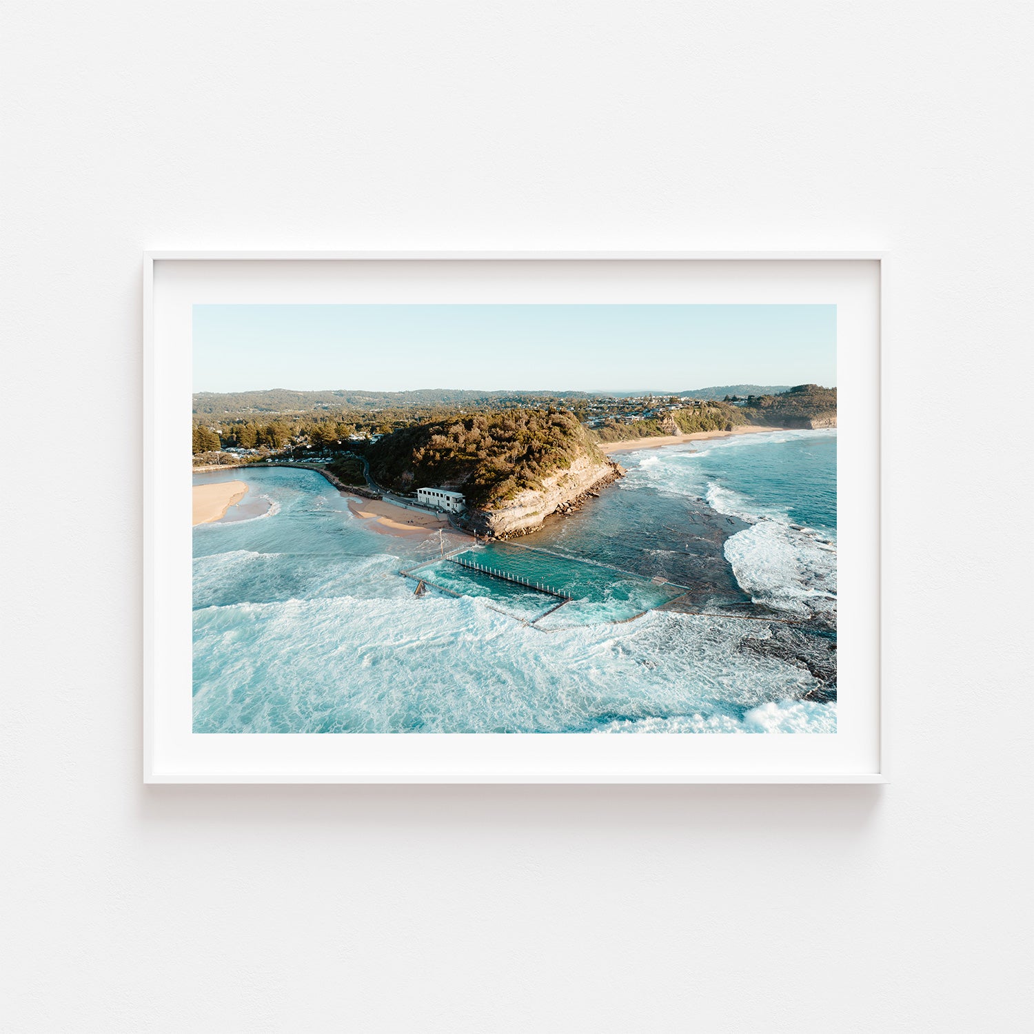 Narrabeen coastal waves in white frame - seascape photography wall art for modern homes
