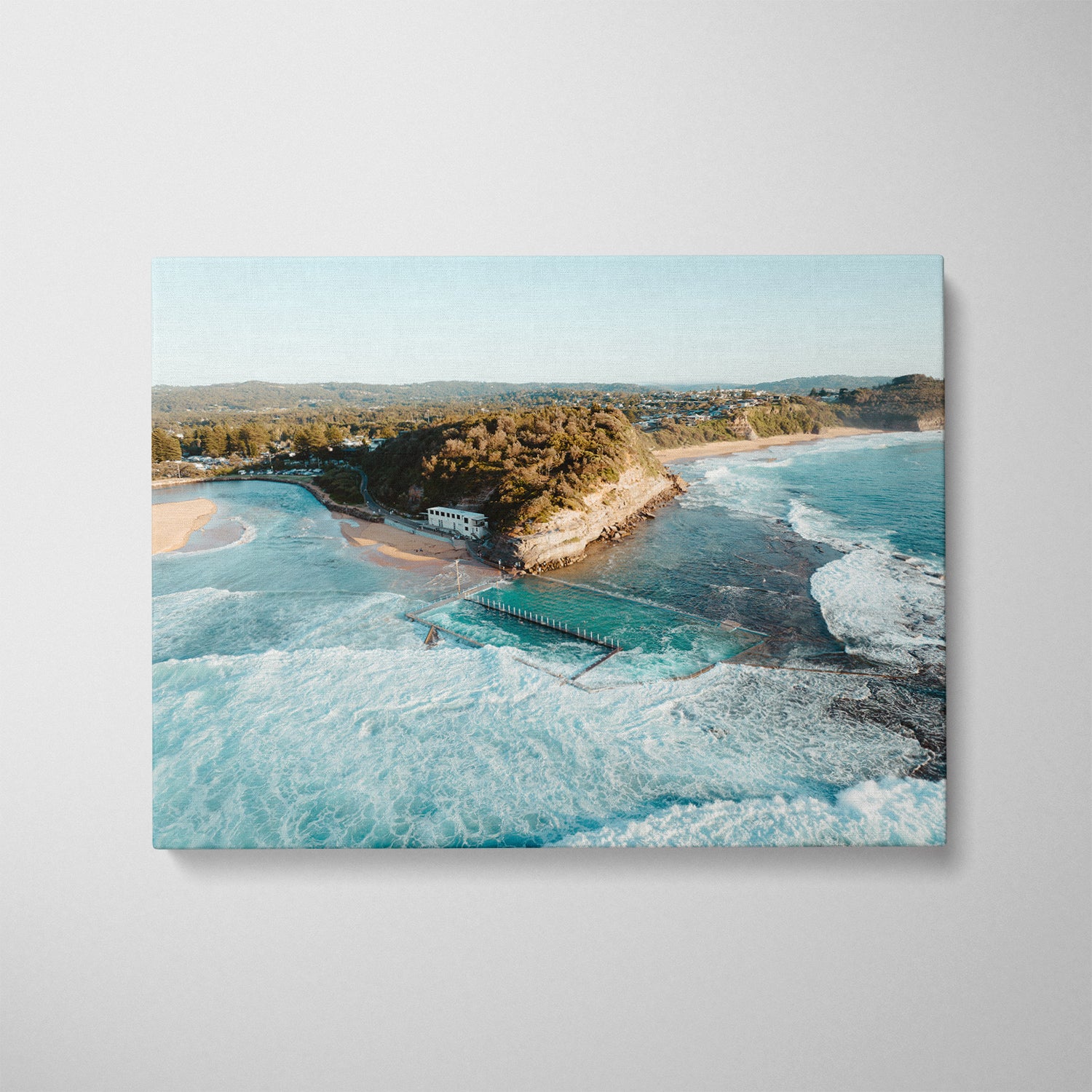 Narrabeen ocean waves aerial photograph in white frame - coastal beach wall art