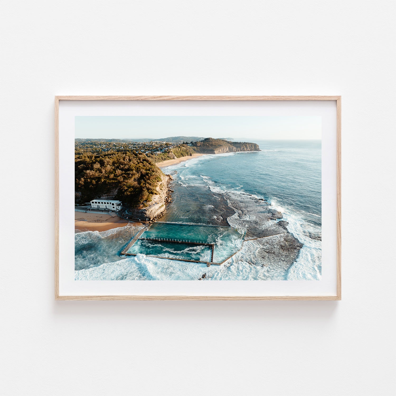 Narrabeen to Turimetta coastal landscape in oak frame - Australian beach wall art