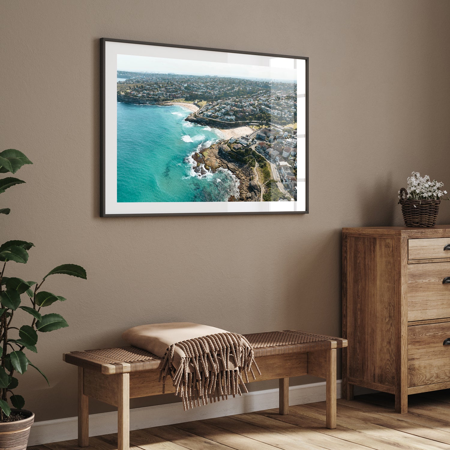 Tamarama aerial view of oceanside neighbours in black frame - coastal photography wall art