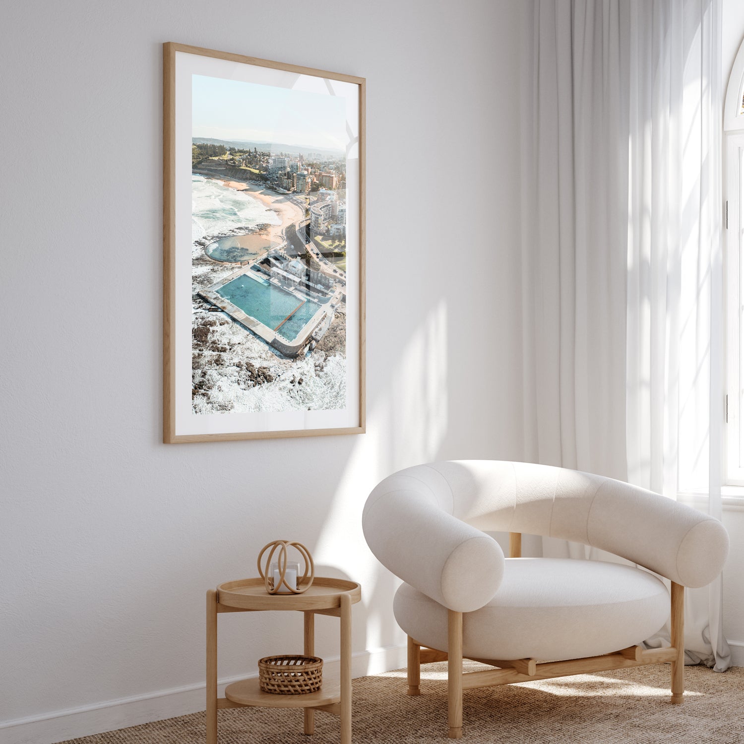 Newcastle coastal hues landscape in oak frame - modern Australian seascape wall art