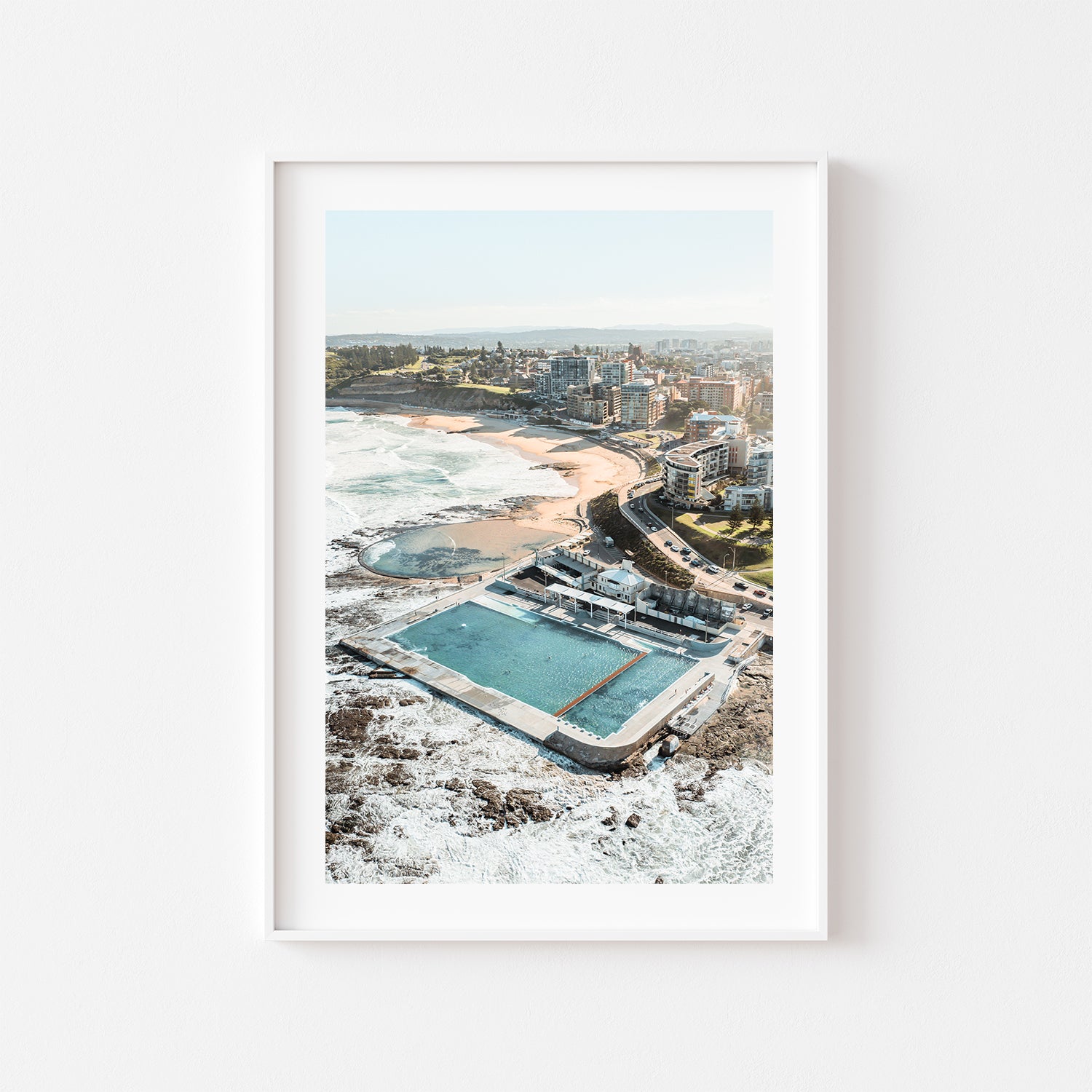 Newcastle coastal seascape in white frame - modern Australian beach photography wall art