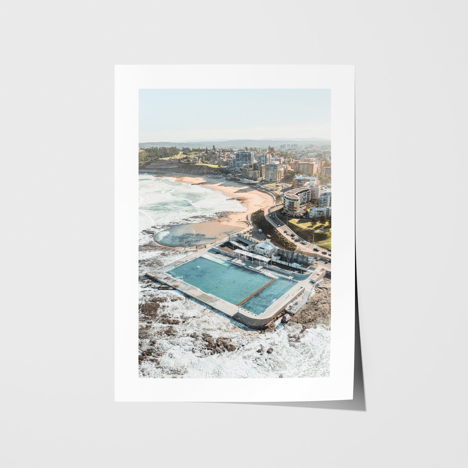 Newcastle coastal landscape in white frame - seascape wall art for modern beach homes