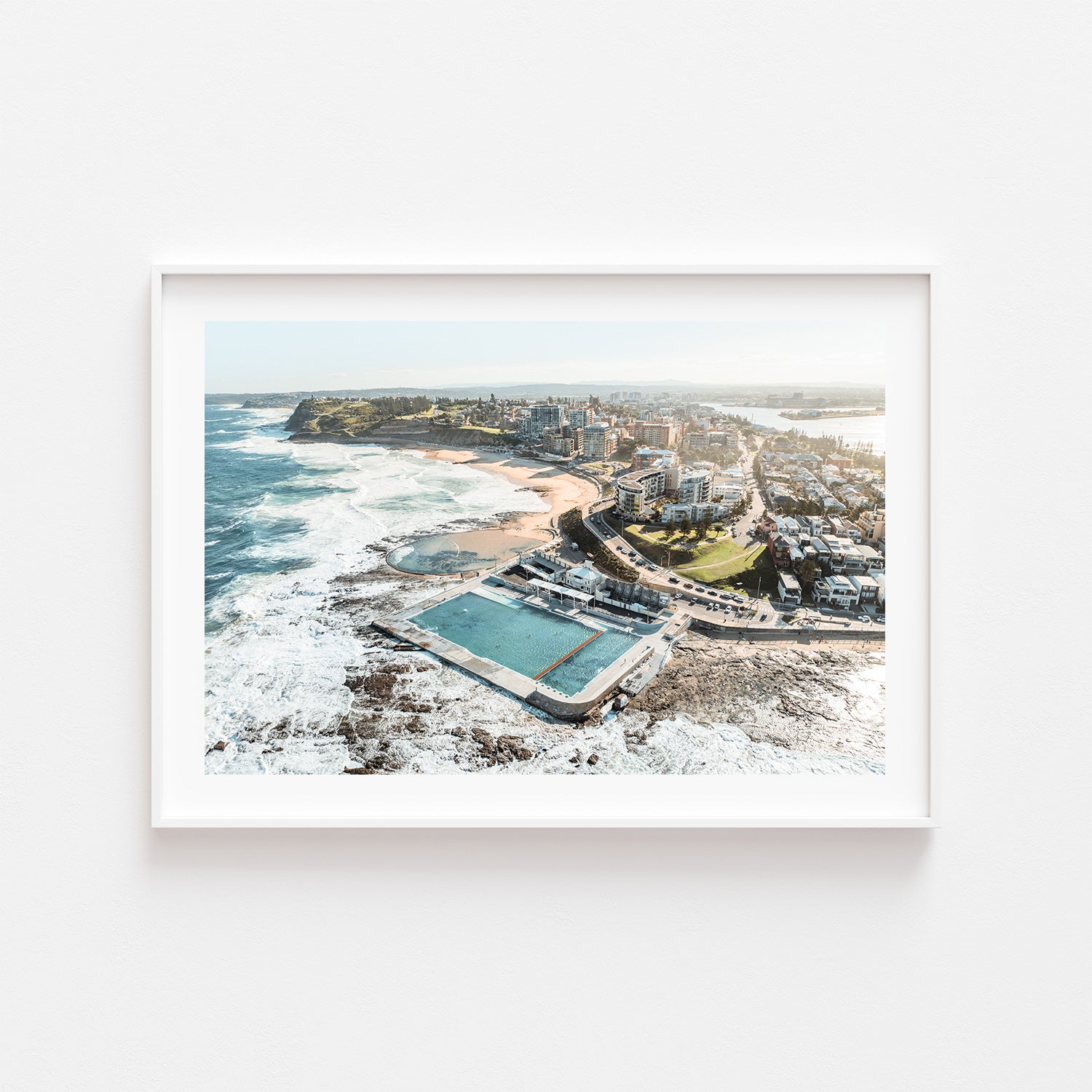 Newcastle coastal landscape in white frame - serene ocean photography wall art