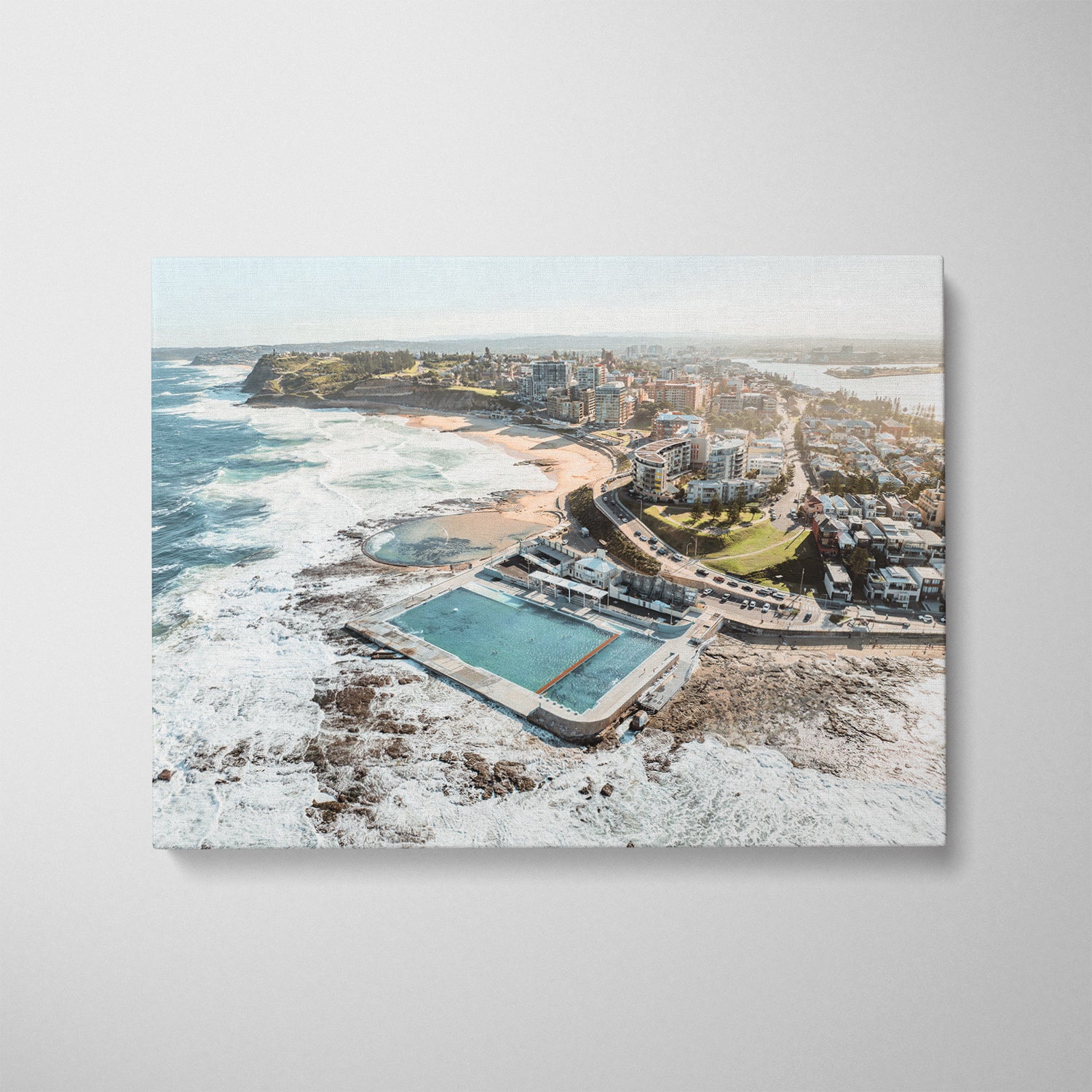 Newcastle coastal scene in dreamy blue hues - framed art print for modern coastal homes