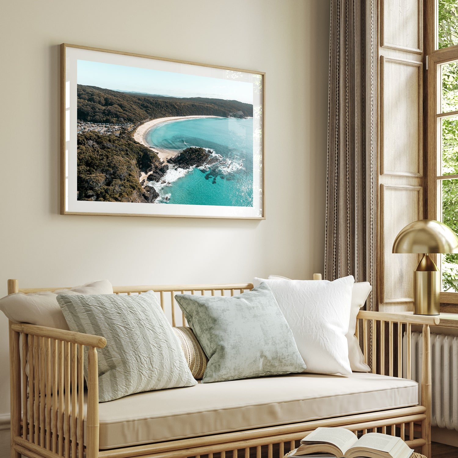 Number One Beach coastal seascape in oak frame - scenic beach wall art for modern homes