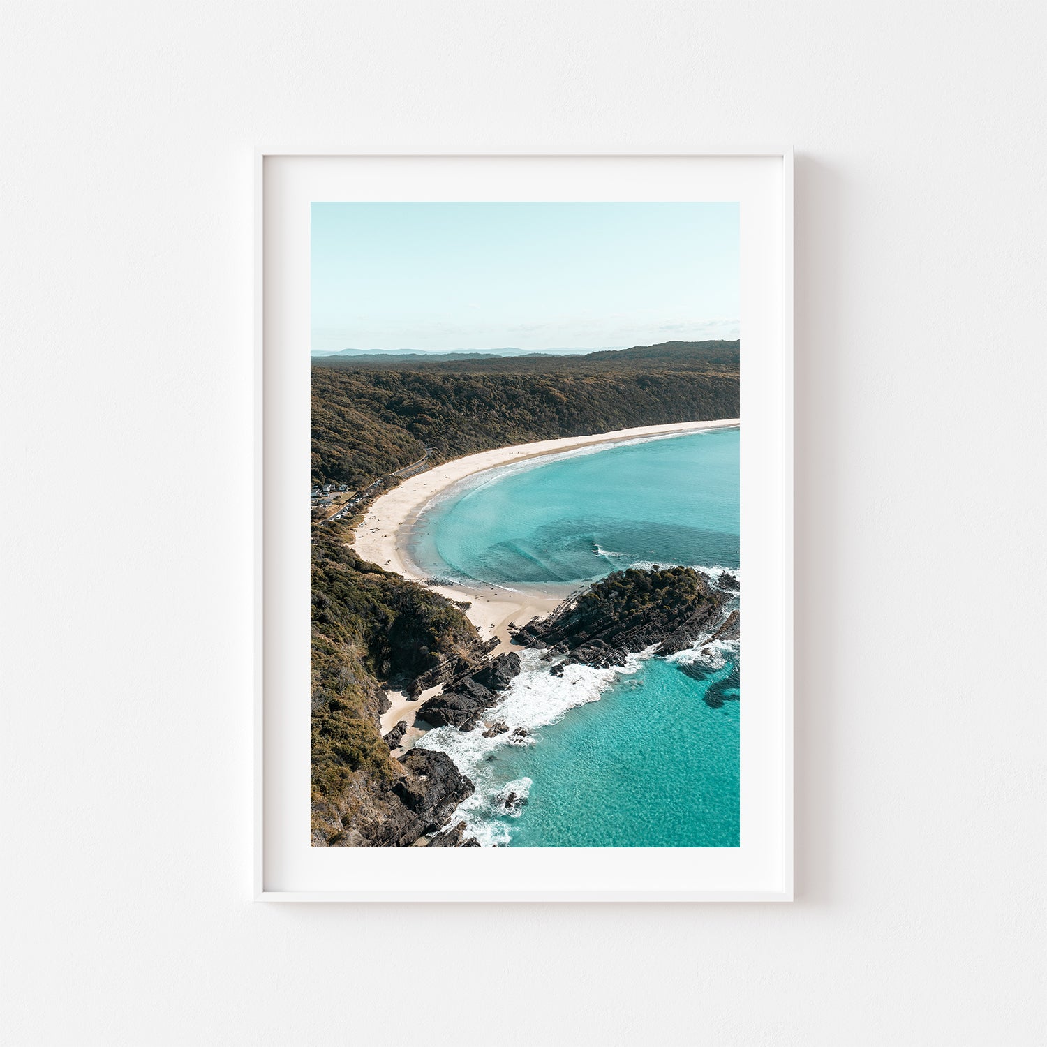Number One Beach aerial view in white frame - coastal landscape photography wall art