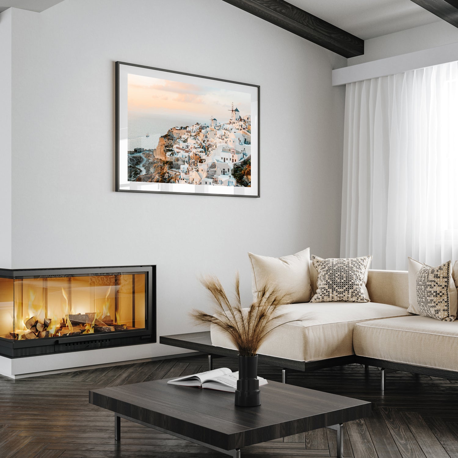 Oia village sunset over Santorini cliffs in black frame - Mediterranean coastal wall art