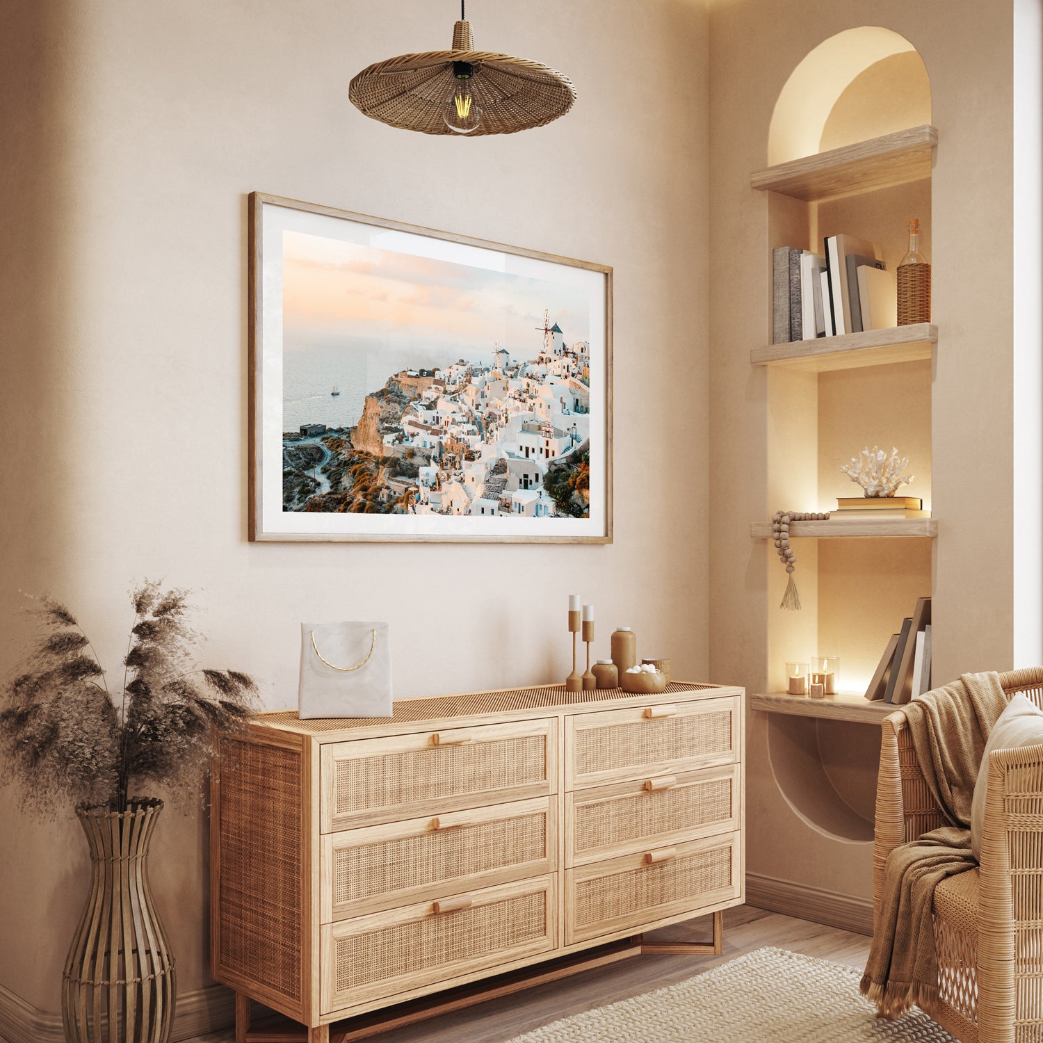 Oia Santorini sunset seascape in oak frame - Mediterranean coastal wall art