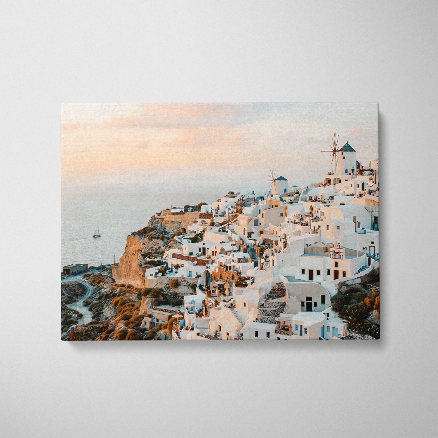 Santorini Oia village sunset seascape in white frame - Mediterranean coastal wall art