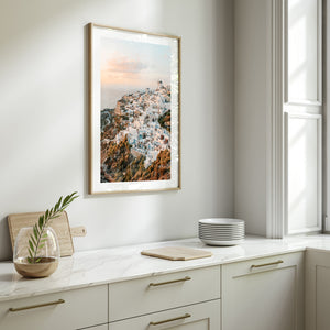 Oia Santorini sunset seascape in oak frame - Mediterranean coastal village wall art