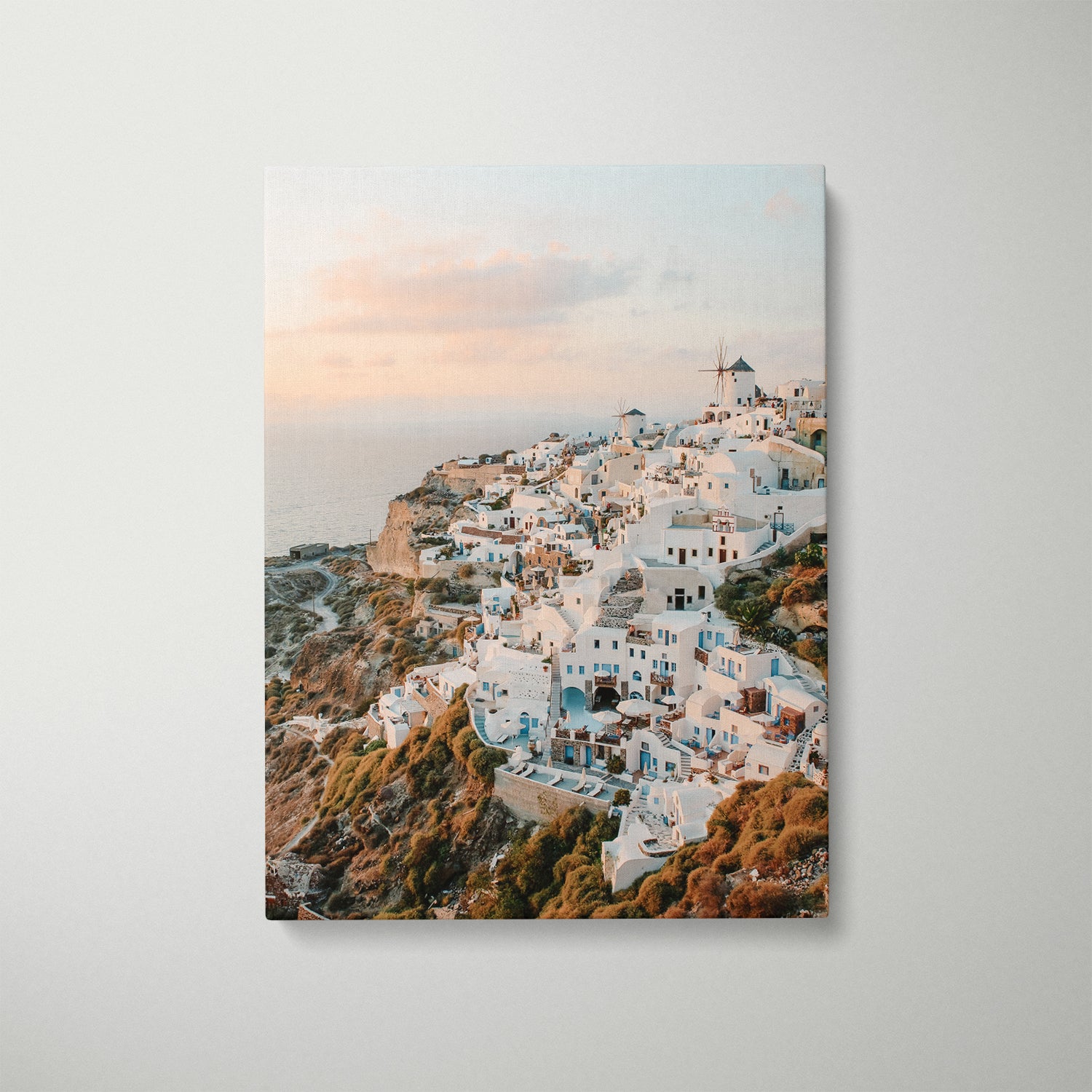 Oia Santorini sunset seascape in white frame - Mediterranean coastal wall art