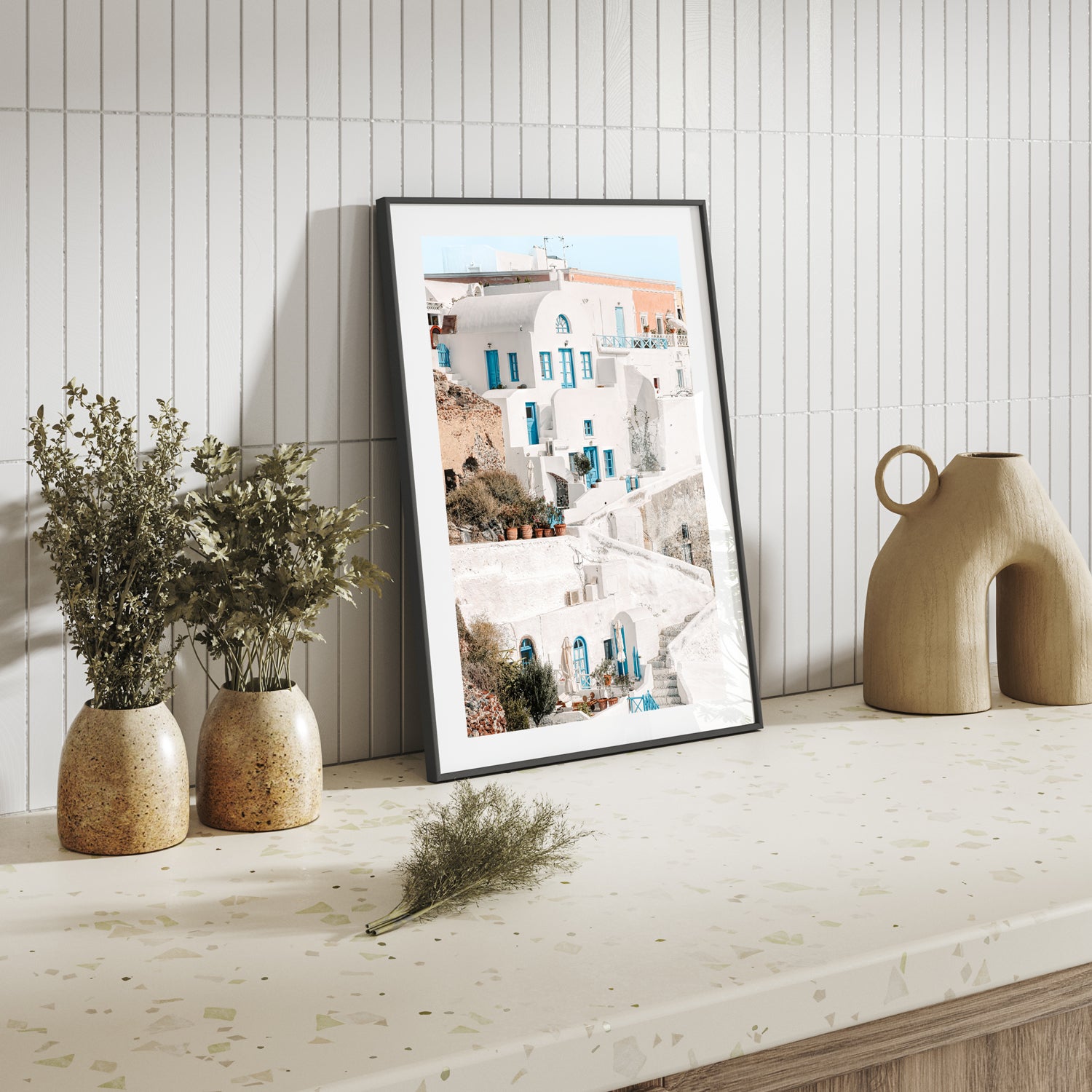 Oia Santorini whitewashed buildings in black frame - Mediterranean coastal wall art