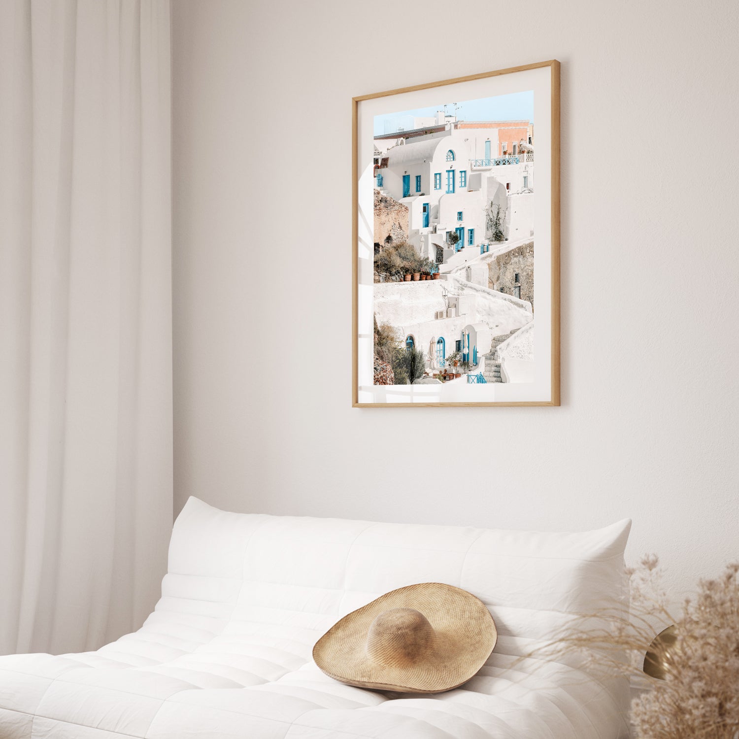 Oia Santorini white village landscape in oak frame - Mediterranean coastal wall art