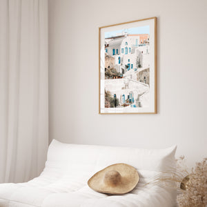 Oia Santorini white village landscape in oak frame - Mediterranean coastal wall art