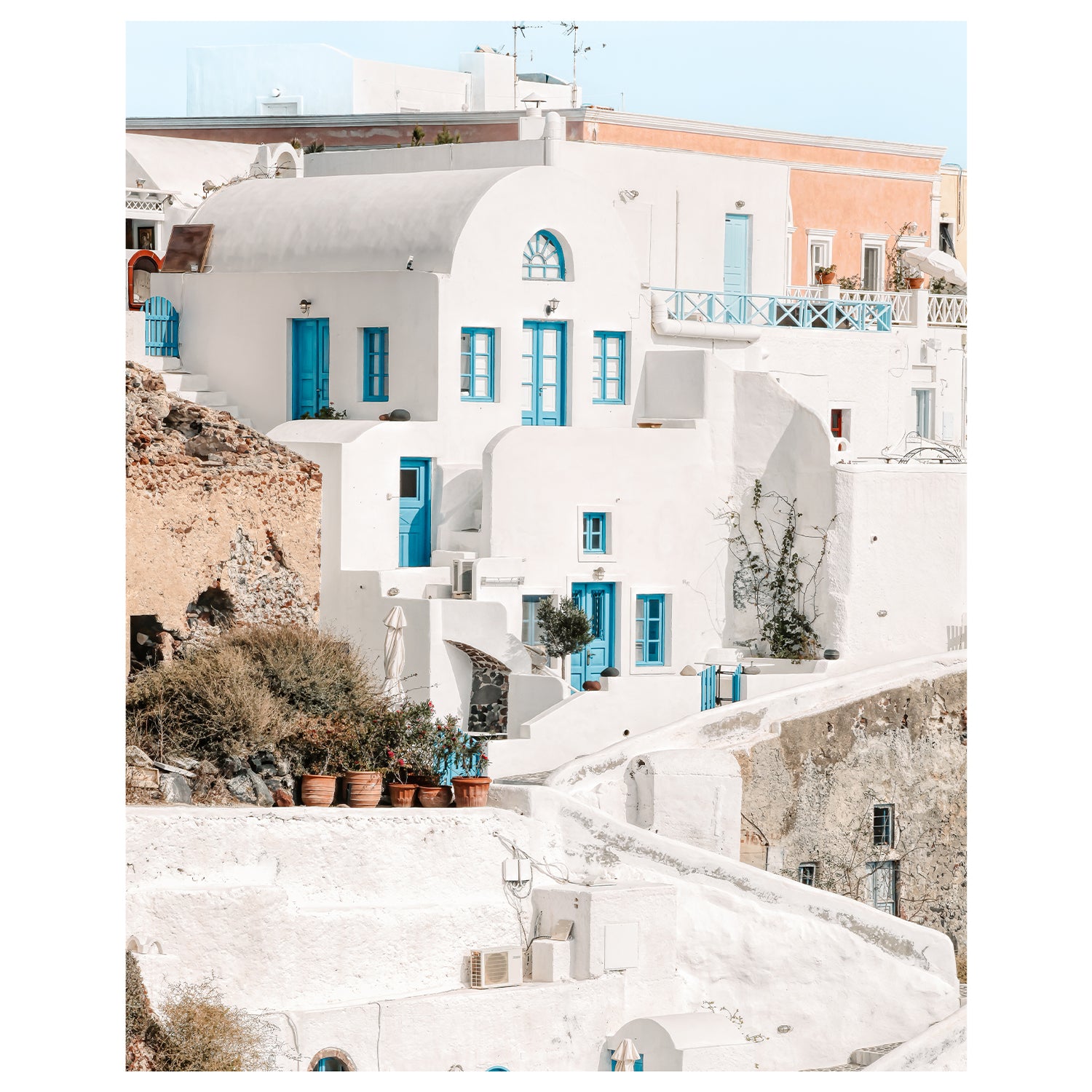 Oia Santorini whitewashed village landscape - Mediterranean coastal photography wall art