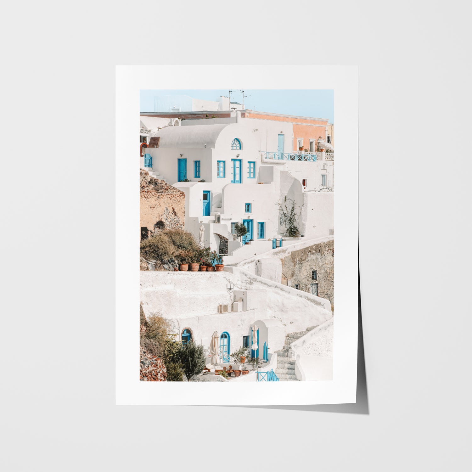 Oia Santorini seaside village in white frame - Mediterranean coastal photography wall art