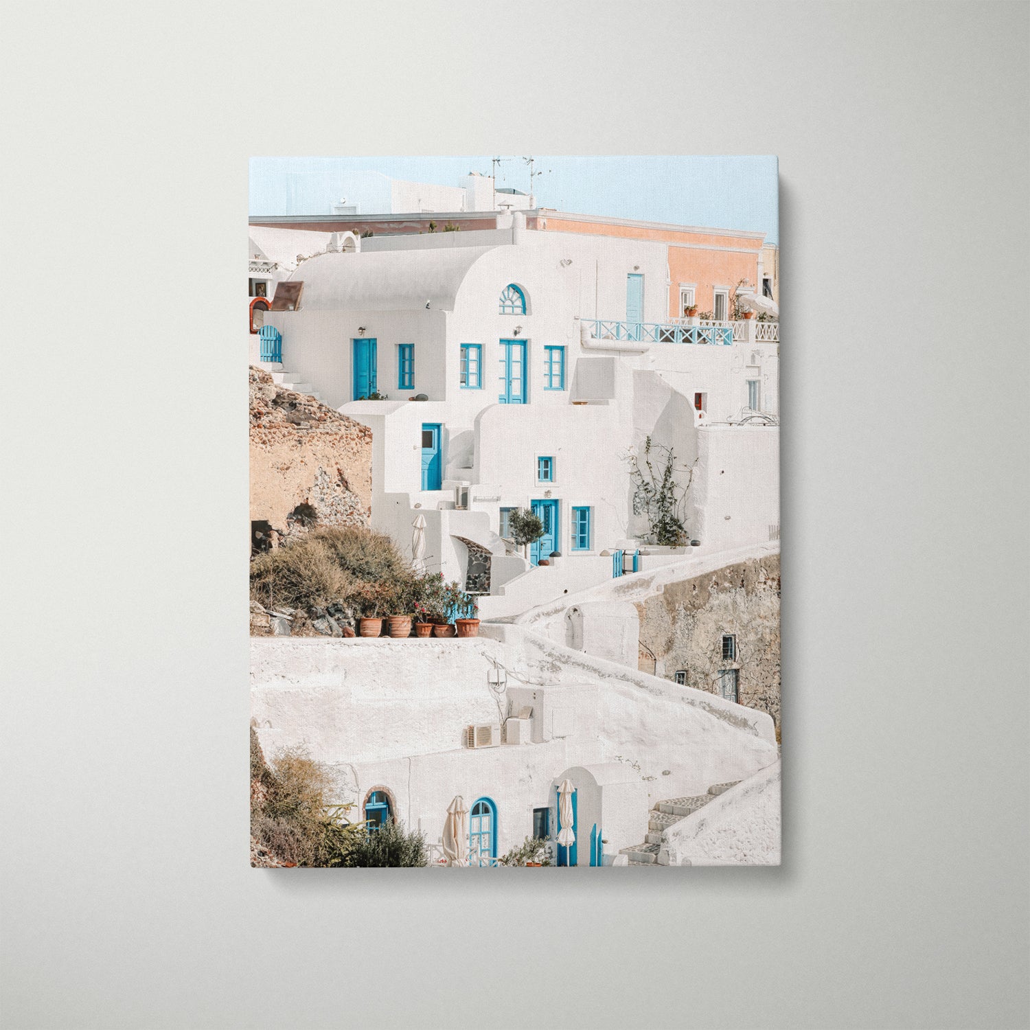 Oia Santorini whitewashed architecture in white frame - Mediterranean coastal wall art