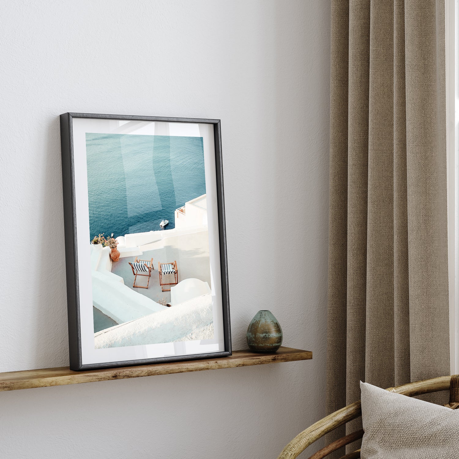 Out Of Office" Santorini coastal view in black frame - Mediterranean landscape wall art