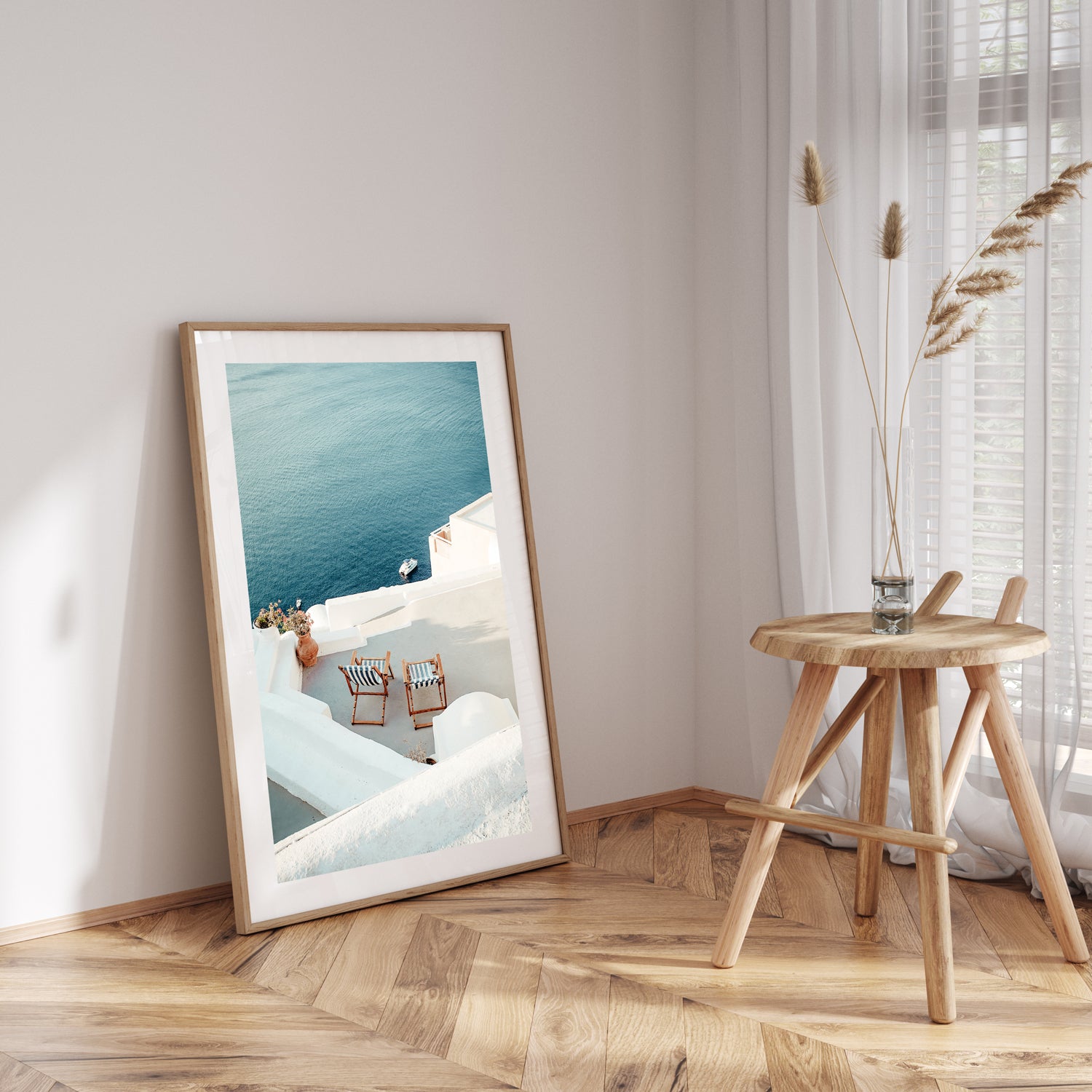 Out Of Office" Santorini coastal landscape in oak frame - Mediterranean travel wall art