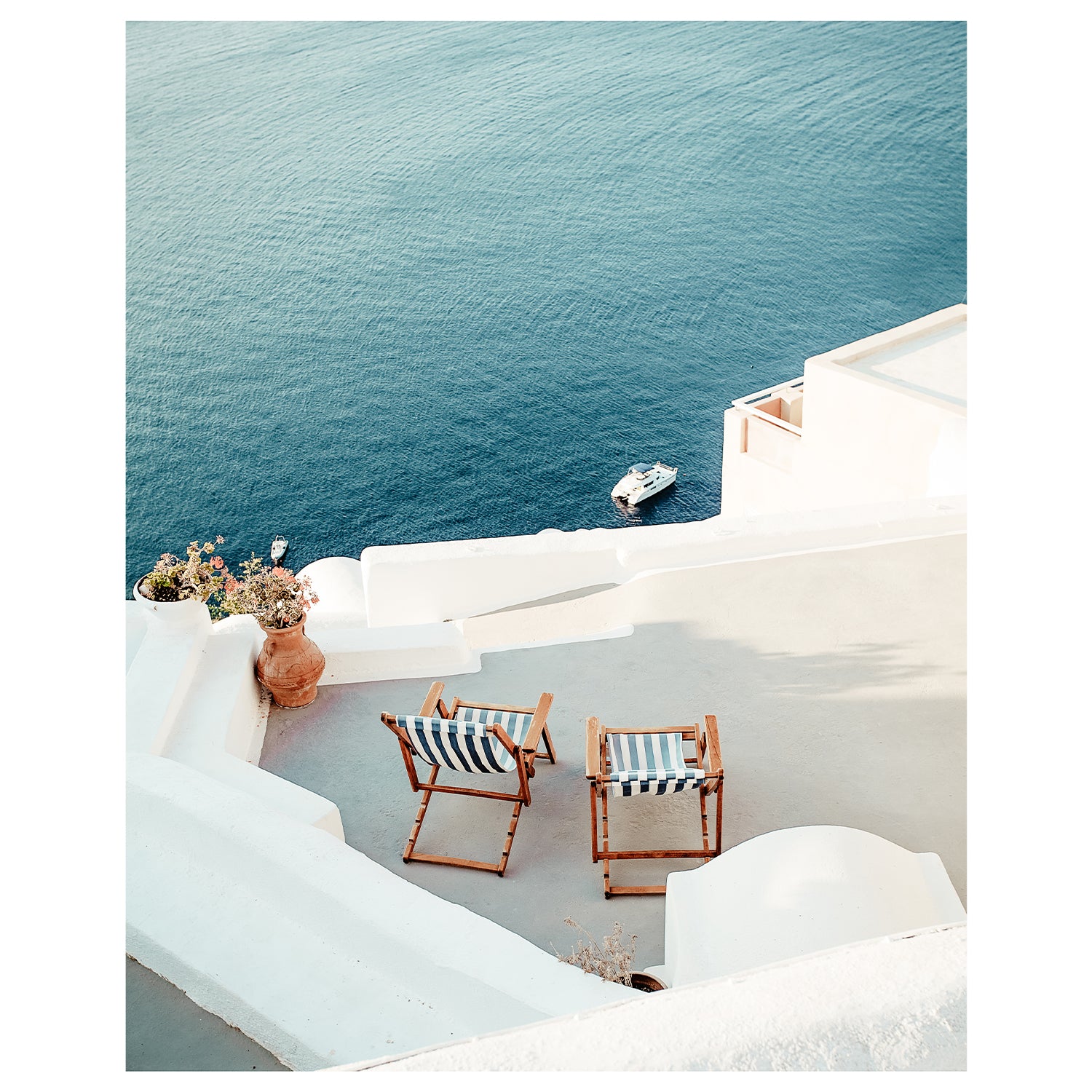 Out Of Office" Santorini aerial view - Mediterranean coastal photography unframed wall art
