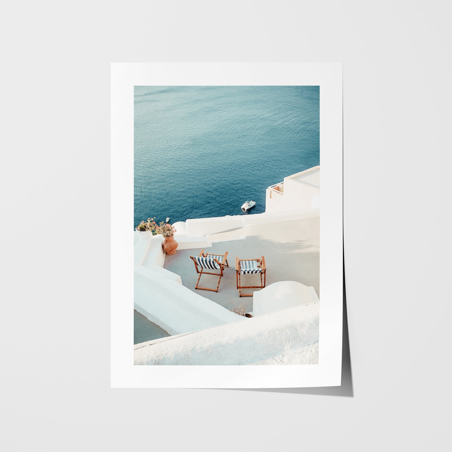 Santorini "Out Of Office" coastal scene in white frame - Mediterranean landscape wall art