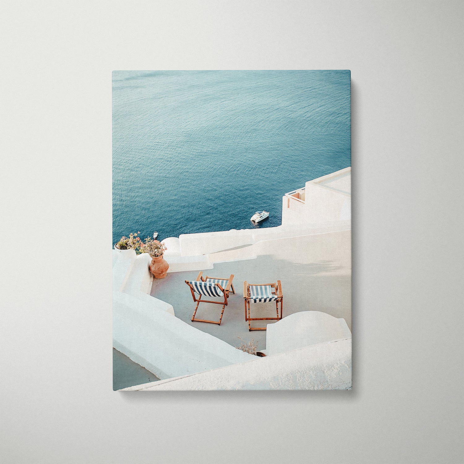 Santorini "Out of Office" aerial view in white frame - Mediterranean coastal wall art