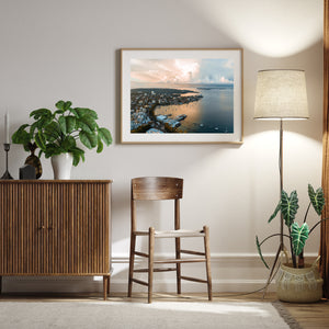 East Manly Cove aerial seascape in oak frame - coastal photography wall art